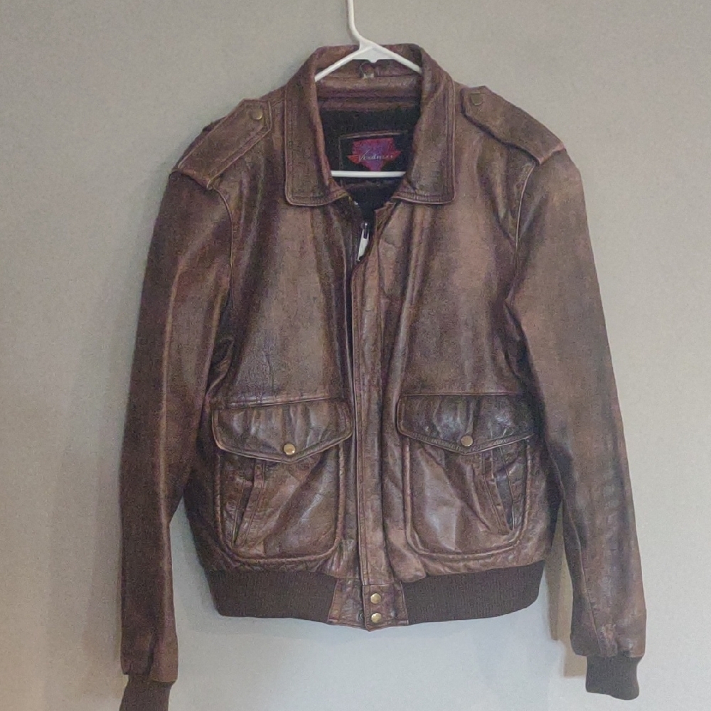 Verducci Brown 42 Leather Bomber Jacket with Ribbed Waistband‎